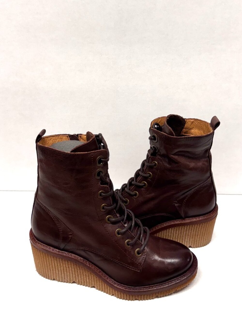 MIZ MOOZ WEDGE LEATHER BOOTS LACE UP SIDE ZIP BROWN 37EU / 7US NEW B - 38